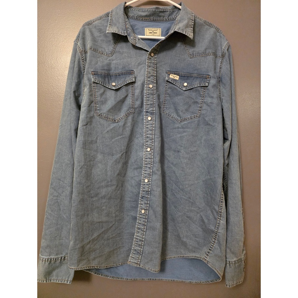 Kimes Ranch Mens Denim Western Pearl Snap Shirt Blue Long Sleeve Large